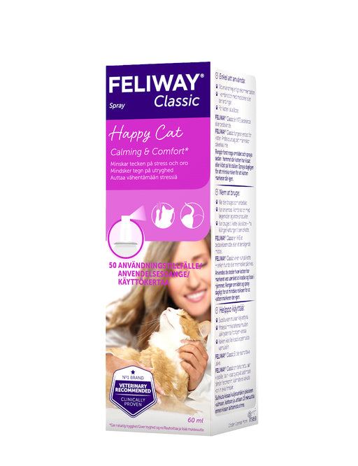 Feliway Classic Spray – Lugnande spray för katter med syntetiska feromoner. Minskar oro och anpassningssvårigheter. Applicera på transportburar eller områden där katten urinmarkerar.