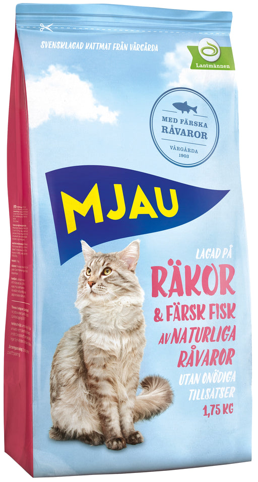 Helfoder för vuxna katter med räkor och färsk fisk. Rikt på omega-3 fettsyror, vitaminer och mineraler. Naturligt foder tillverkat i Sverige, fritt från tillsatser.