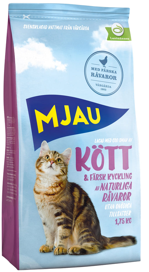 Helfoder med kött och färsk kyckling för vuxna katter. Naturliga råvaror, rika på vitaminer och fettsyror. Tillverkat i Sverige, fritt från tillsatser och socker.