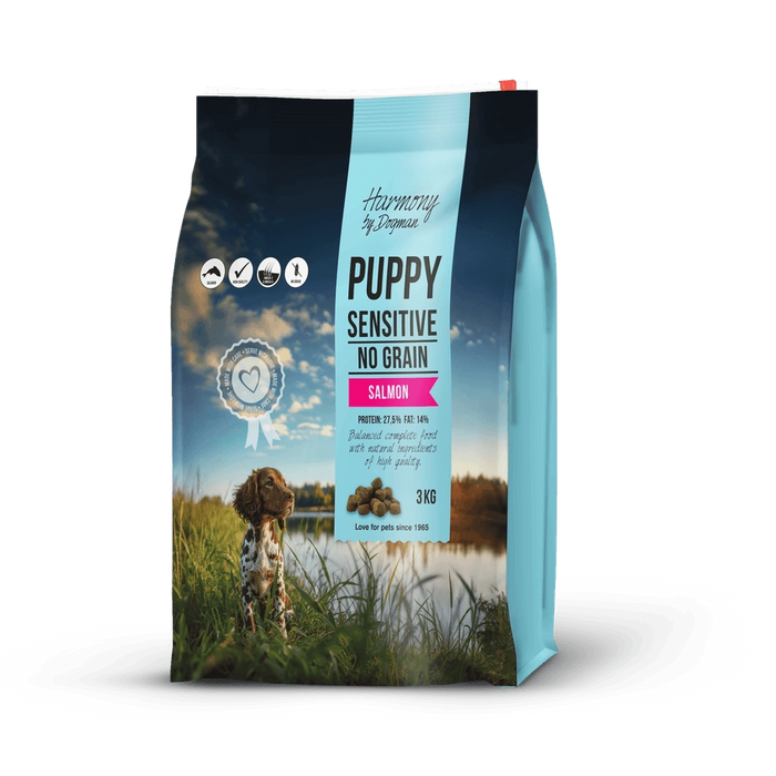 Harmony Puppy Sensitive hundfoder för valpar med känslig mage. Spannmålsfritt med färsk lax, omega 3, och superfoods för en sund hud och glansig päls.