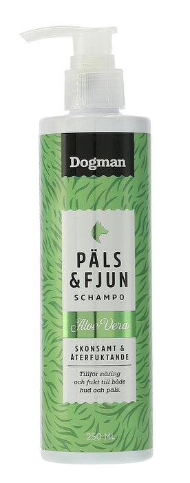 Päls & Fjun Schampo Aloe Vera är ett skonsamt och återfuktande hundschampo med frisk doft som tillför näring och fukt till hud och päls, förhindrar uttorkning och ger en ren päls.