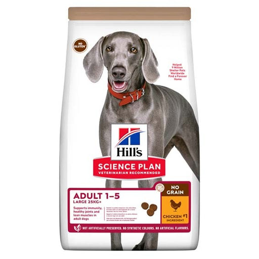 Hill's Science Plan Dog Adult No Grain Large Breed med Kyckling är ett spannmålsfritt foder för stora hundar över 25 kg som främjar leder, muskelhälsa och immunförsvar.