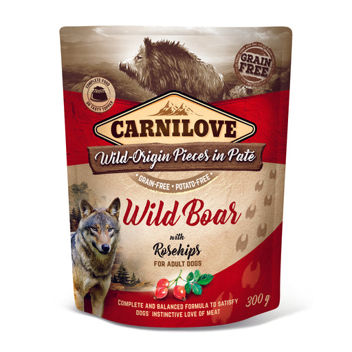 Carnilove Dog Adult Wild Boar with Rosehips Paté – Spannmålsfritt våtfoder för vuxna hundar, med 85 % kött och berikat med nypon för bättre matsmältning och hälsosam hud.