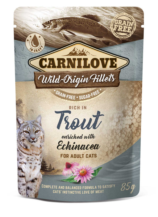 Carnilove Cat Adult Trout & Echinacea 85 g – Kattmat i bitar med kyckling, forell och echinacea för ett starkt immunförsvar och friska urinvägar.