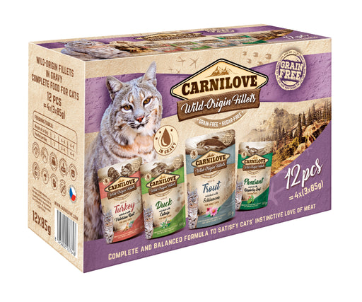 12-pack portionspåsar med Carnilove kattmat. Fyra varianter med 85% kött: Kalkon & Vänderot, Anka & Kattmynta, Fasan & Hallonblad, och Forell & Echinacea.