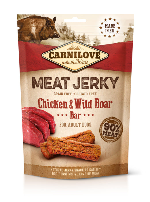 Carnilove Jerky Wild Boar & Chicken: Torkade proteinrika hundgodis med 90% köttinnehåll. Innehåller kyckling och vildsvin, utan spannmål, färgämnen, socker eller GMO. Naturliga antioxidanter. 100 gram.