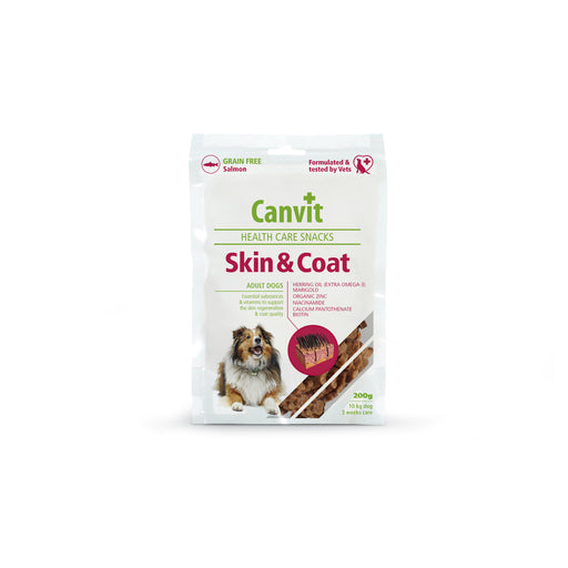 Canvit Snack Skin & Coat hundgodis främjar frisk hud och päls med lax, omega-3, biotin och zink. Perfekt för hundar som behöver extra pälsvård.