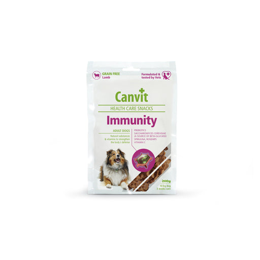 Canvit Health Care Snack Immunity hundgodis med lamm, spirulina och nypon som stärker immunförsvaret. Betaglukaner och omega-3 hjälper hundens hälsa.