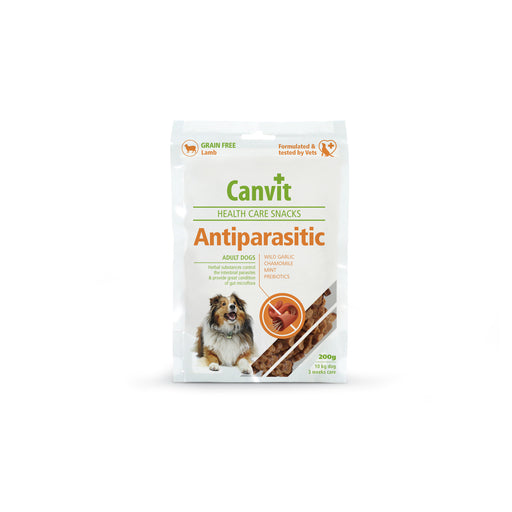 Canvit Health Care Snack Anti-Parasites är ett hundgodis med lamm, vitlök, kamomill och mynta som stödjer matsmältningen och underhåller en frisk tarmflora.