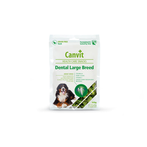 Canvit Health Care Dog Snack Dental Large Breed är ett tandvårdsgodis för stora hundraser, med kyckling, klorella och hexametafosfat som bidrar till friska tänder och tandkött.