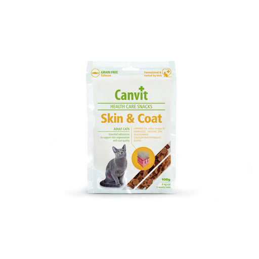 Canvit Health Care Cat Snack Skin & Coat stödjer kattens hud och päls med näringsämnen som lax, biotin, zink och omega-3, vilket bidrar till en frisk och glänsande päls.