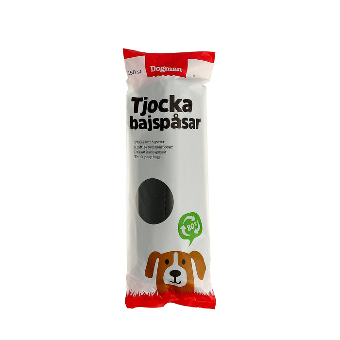 Tjock och slitstark hundbajspåse i svart. Perfekt för alla hundstorlekar, utan knythandtag, med ett praktiskt 150-pack. Hygienisk och hållbar lösning för hundpromenader.