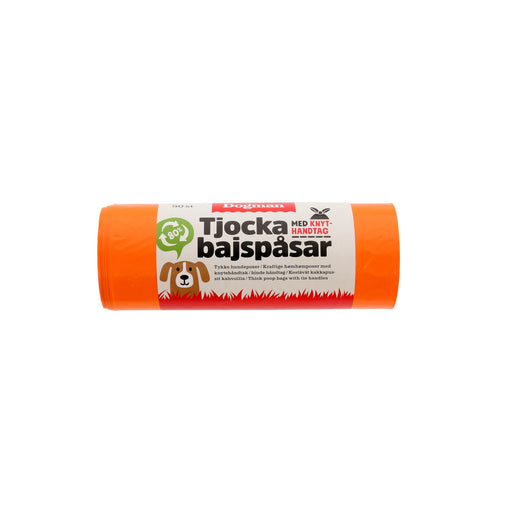 Tjock hundbajspåse orange med knythandtag, tillverkad av 80 % återvunnen plast. 50-pack, storlek 22,5x28 cm.