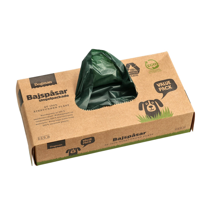 Extra tjock bajspåse för hundar, grön, utan knythandtag, tillverkad av 100% återvunnen plast. Kommer i 200-pack, storlek 24x33 cm.