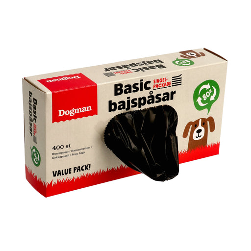 Basic bajspåse för hundar, utan knythandtag, tillverkad av 80% återvunnen plast. 400-pack, storlek 23x34 cm, svart.