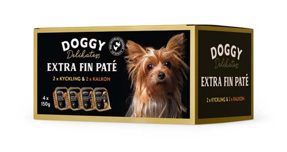 Doggy Delikatess Extra Fin Paté Multibox Kalkon och Kyckling – Lyxigt hundfoder med hög kötthalt och naturliga råvaror i portionsförpackningar.