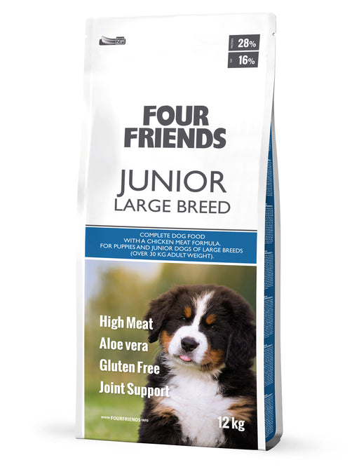 FourFriends Junior hundfoder för stora valpar, med rena råvaror, aloe vera, glukosamin och kondroitin för hälsosam tillväxt och ledhälsa.