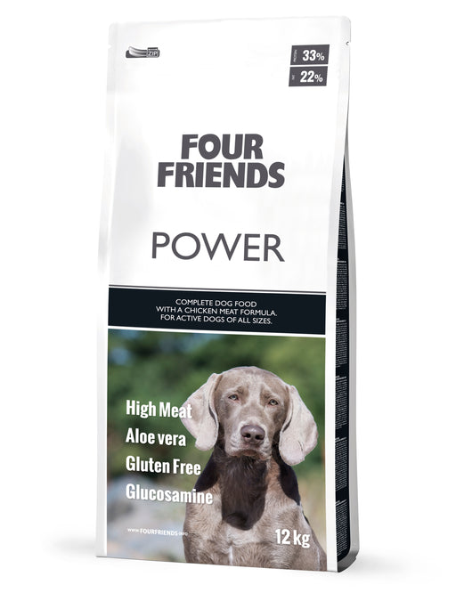 FourFriends Power – högenergifoder med 22% kycklingfett för aktiva hundar. Berikat med glukosamin, kondroitin och aloe vera för energi, ledhälsa och matsmältning.