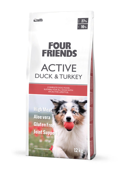 FourFriends Active Duck & Turkey – hundfoder med 35% ank- och kalkonkött, idealiskt för hundar med högre energibehov. Berikat med aloe vera och antioxidanter för bättre hälsa.