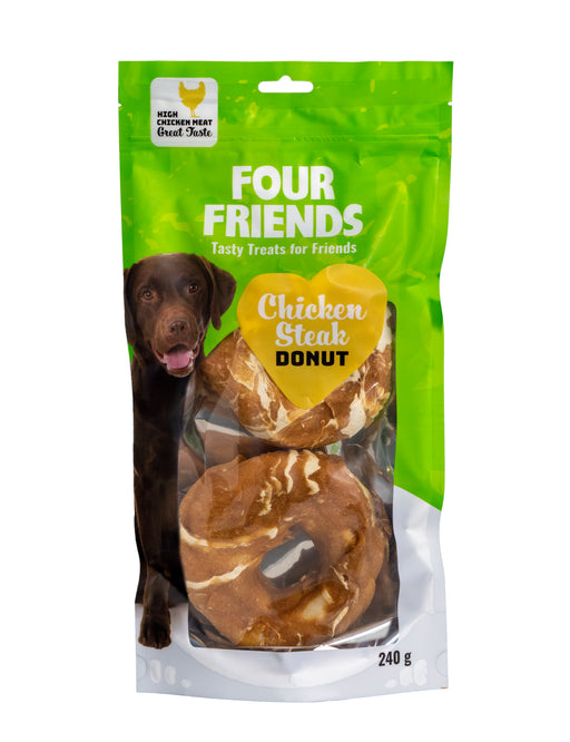 FourFriends Chicken Steak Donut – Tuggringar av råhud lindade med kycklingkött, 2-pack, 10 cm diameter, främjar tandhälsa och tandköttsstimulering.