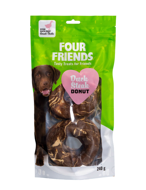 Tuggringar av råhud och anka, FourFriends Duck Steak Donut 2-pack – Smaskiga hundgodisar för tandrengöring och underhållning.