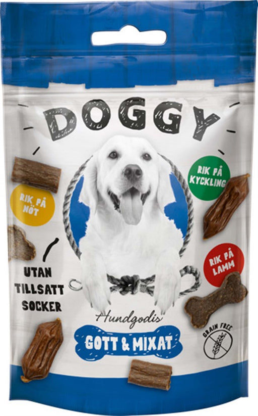 Doggy Gott & Mixat – Spannmålsfritt hundgodis med lamm, nöt och kyckling, berikat med vitaminer och L-Karnitin för bättre ämnesomsättning.