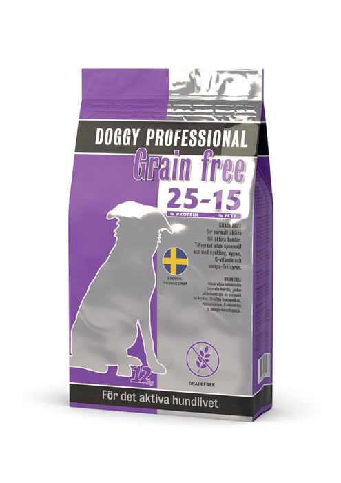 Doggy Professional Spannmålsfritt Hundfoder – 12 kg säck med färsk svensk kyckling, omega-3 och nypon. Perfekt för aktiva hundar med känslig mage och spannmålsintolerans.