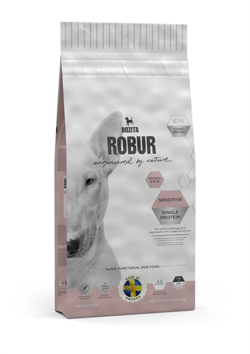 Bozita Robur Sensitive Single Protein Salmon Hundfoder – Vetefritt foder med lax som enda proteinkälla, främjar matsmältning, ledhälsa och frisk hud för känsliga hundar.