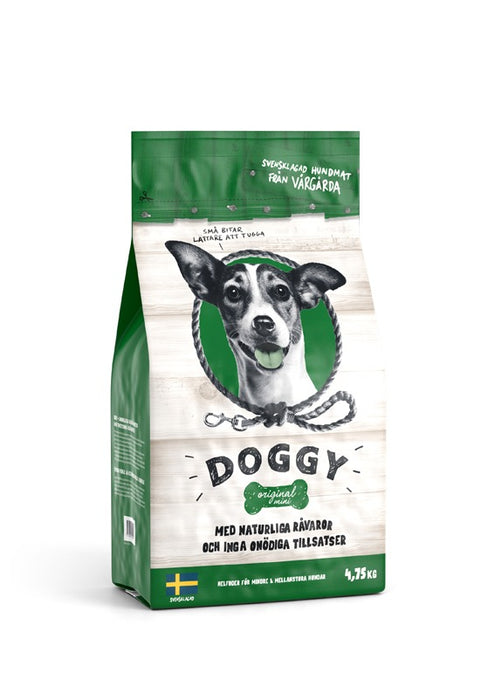 Doggy Original Mini är ett näringsrikt hundfoder med färsk svensk kyckling och linfrö för små och mellanstora hundar, vilket främjar en frisk päls och optimal hälsa.