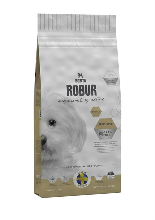 Bozita Robur Adult Sensitive Grain Free Chicken är ett spannmålsfritt hundfoder för hundar med känslig mage och allergier, med enbart kyckling som proteinkälla. Fodret ger högkvalitativ näring för aktiva hundar.