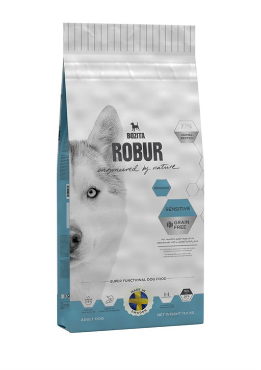 Bozita Robur Adult Sensitive Grain Free Reindeer är ett spannmålsfritt hundfoder med ren och kyckling som proteinkällor, designat för känsliga och aktiva hundar. Det främjar matsmältning och ledhälsa.