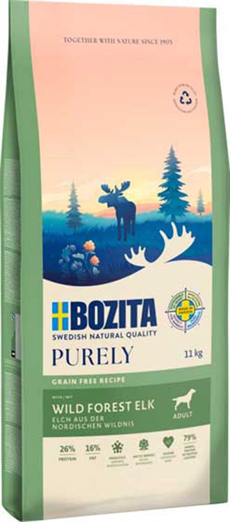 Purely Adult Elk – Spannmålsfritt helfoder för vuxna hundar med färsklagad älg och kyckling. Berikat med prebiotisk FOS, omega-3, omega-6 och antioxidanter för en hälsosam livsstil.