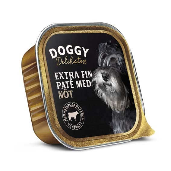 Doggy Delikatess Extra Fin Paté med Nöt – Lyxig hundmat med hög kötthalt och utan vete, perfekt som middag, belöning eller topping.