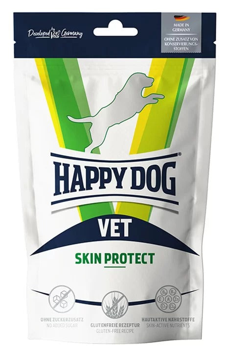 Happy Dog VET Skin Snack är ett glutenfritt, smakrikt godis för hundar med hudproblem, berikat med omega-fettsyror och proteiner från lax och hjort.