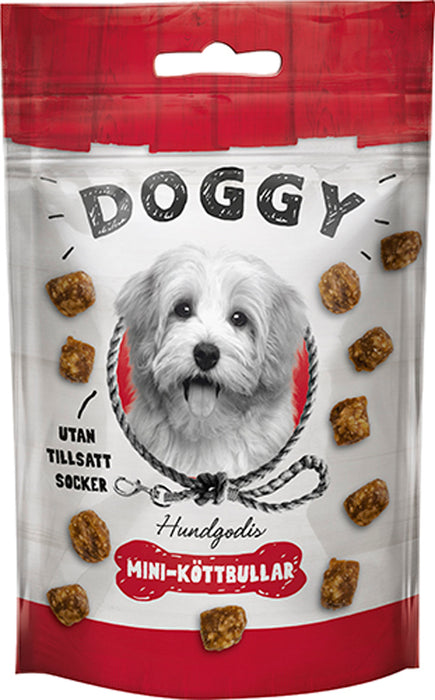 Doggy Köttbulleformade Belöningsbitar är ett kladdfritt och smakrikt hundgodis med hög proteinhalt (28 %) och låg fetthalt (6 %), utan tillsatt socker eller gluten.